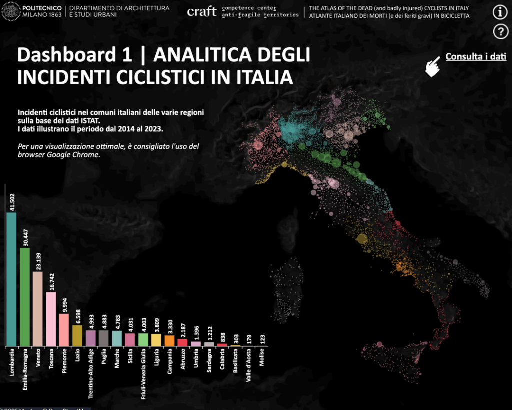 2014 年から 2023 年までの自転車による死亡と重傷に関するイタリア アトラス。イタリアでこれまでに実施された自転車事故の最も詳細な地図 (ミラノ工科大学作成)