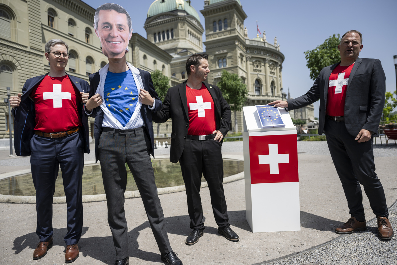 外相のお面をかぶったデモ活動家