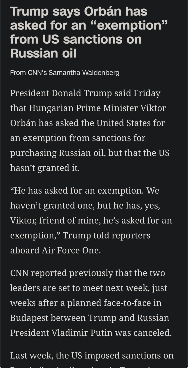 トランプ大統領：オルバン大統領はロシア石油制裁の免除を求めたが、米国はそれを認めなかった