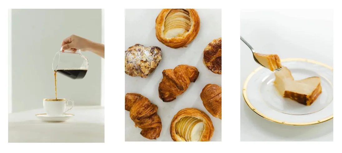 コーヒーとパン、ケーキが並んだ写真です。