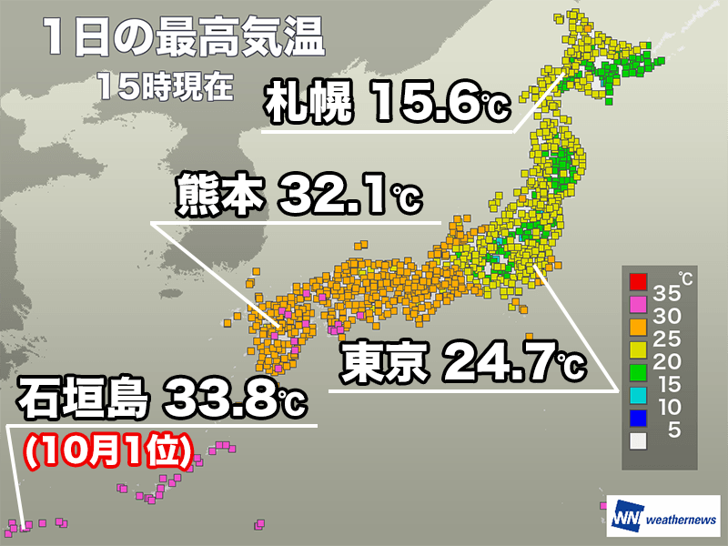 石垣島で10月4回目の高温記録更新 九州も各地で真夏日