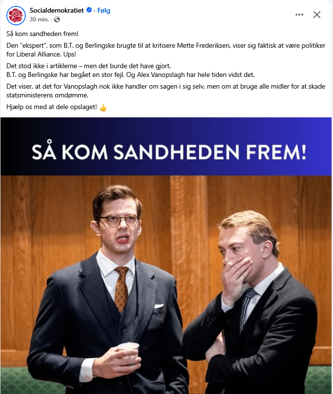 社会民主党：そして真実が明らかになりました！ BTとベルリングスケがメッテ・フレデリクセンを批判するために利用した「専門家」は、自由同盟の政治家であることが判明した。おっと！