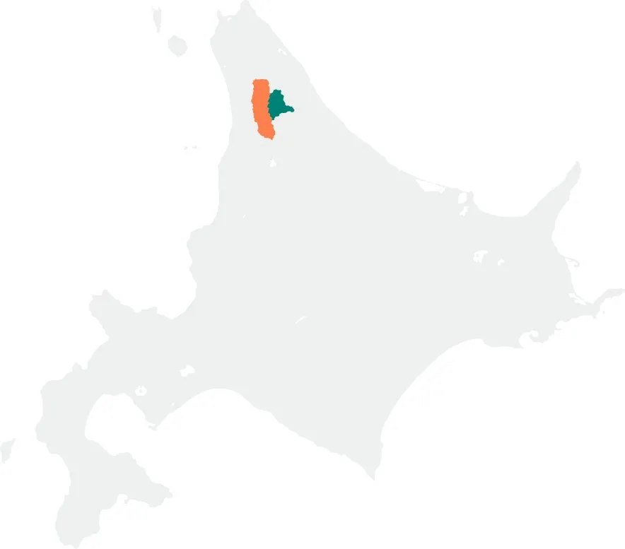 北海道の地図で、オレンジ色と緑色で塗り分けられた地域が示されています。