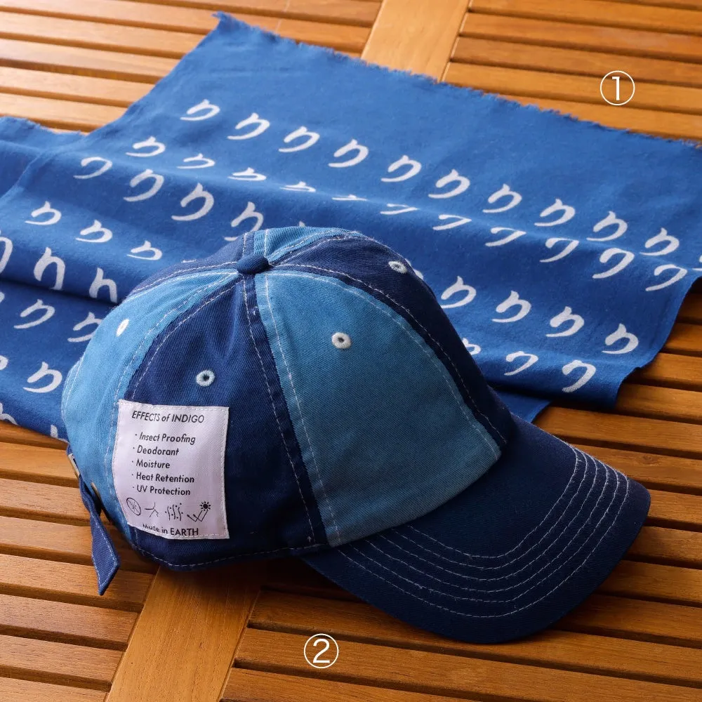 藍染めのキャップと手ぬぐい