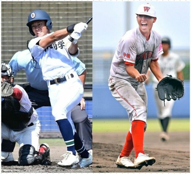 （左）県秋季大会決勝で中前２点適時打を放つ沖縄尚学の足立琥太郎 　（右）県秋季大会準決勝でピンチを切り抜け、雄たけびを上げるウェルネスの長山武蔵