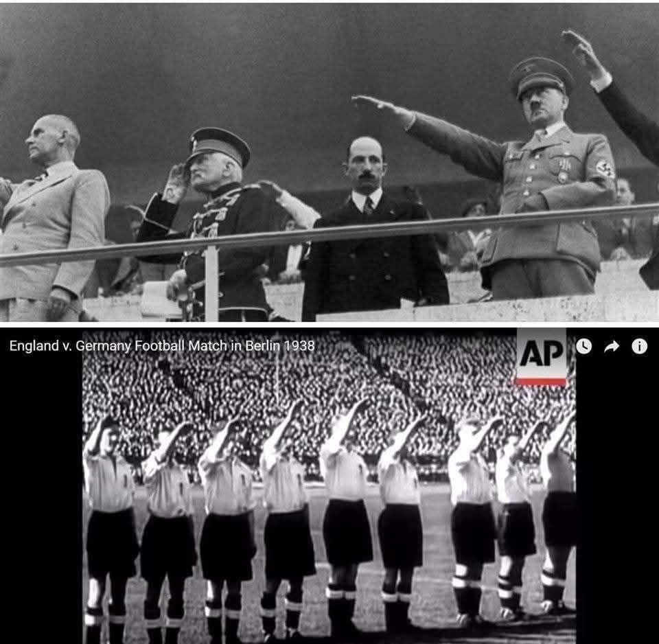 「1936年8月1日。ベルリンオリンピックの開会式。皇帝ボリス3世はヒトラーの隣に立つが、手を上げずに敬礼する。1938年5月14日。イングランドは親善試合でドイツを訪問。サッカーイングランド代表チームはファシスト式敬礼で手を上げて敬礼する。」