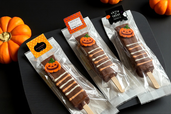 千葉県の老舗お菓子店「お菓子のたいよう」ハロウィン限定バウムクーヘン「ハロウィン・バーバウム」ホーダーの個包装パッケージ
