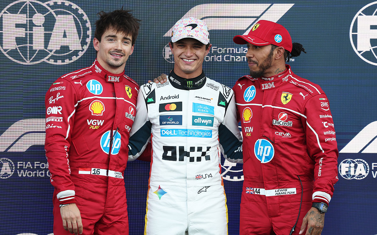 予選2番手のシャルル・ルクレール（フェラーリ）、ポールポジションのランド・ノリス（マクラーレン）、3番手ルイス・ハミルトン（フェラーリ）、2025年10月25日F1メキシコGP（エルマノス・ロドリゲス・サーキット）