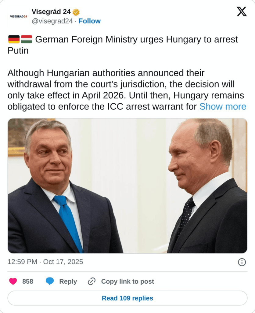 ドイツ外務省、ハンガリーにプーチン大統領逮捕を要請