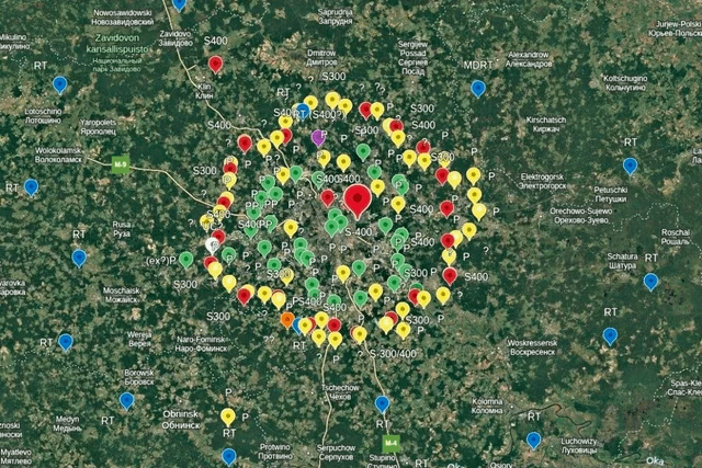 モスクワ周辺の防空バブルが特定され、ラベルが付けられ、地図にはその位置が示されています。