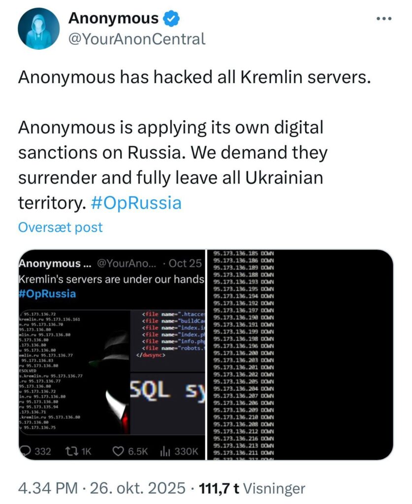 アノニマスはクレムリンのすべてのサーバーをハッキングし、ウクライナ領土からの完全撤退を要求した