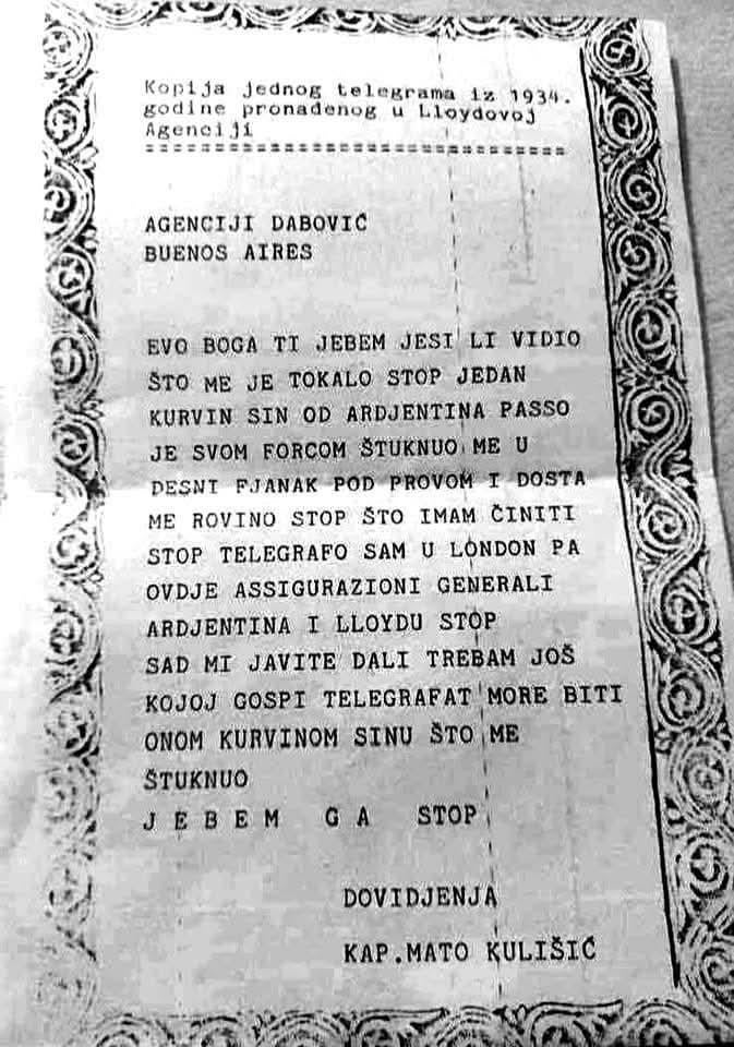 ロイドのアーカイブからの電報。 1934年。