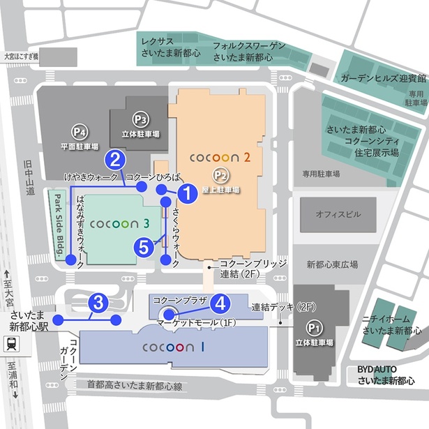 【1】「コクーン2 コクーンひろば」→【2】「コクーン3 けやきウォーク・はなみずきウォーク」→【3】「さいたま新都心駅東口歩行者デッキ」→【4】「コクーン1 コクーンプラザ」→【5】「コクーン2 さくらウォーク・フォトスポット」の順に巡るのがおすすめだ