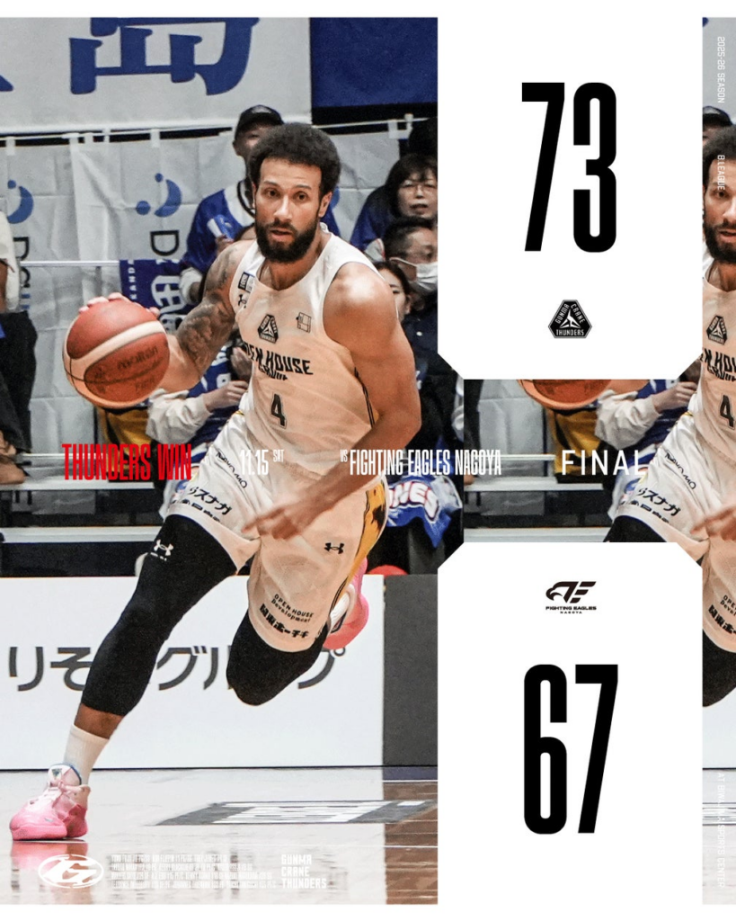 【群馬クレインサンダーズ：試合結果】11/15(土) vs ファイティングイーグルス名古屋 りそなグループ B.LEAGUE 2025-26シーズン