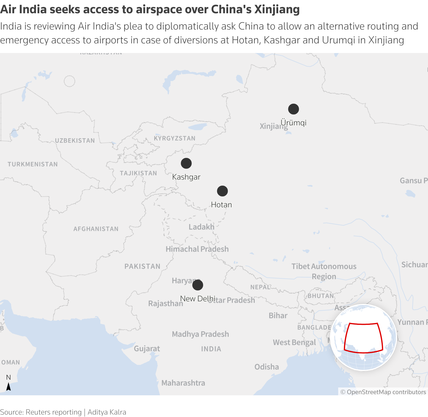 India is reviewing Air India's plea to diplomatically ask China to allow an alternative routing and emergency access to airports in case of diversions at Hotan, Kashgar and Urumqi in Xinjiang