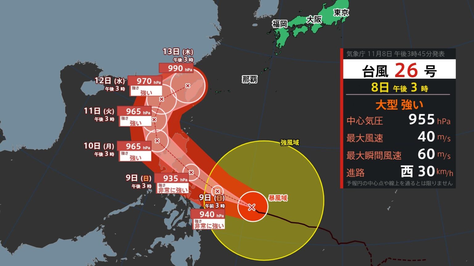 【台風情報】”急カーブ”台風26号 沖縄奄美 大雨・大しけ・強風に注意警戒【雨・風シミュレーション9日（日）〜18日（火）/ 全国各都市の週間予報】台風情報2025 気象庁の予想進路（MBC南日本放送）
