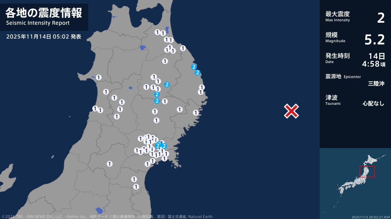 岩手県、宮城県で最大震度2の地震 岩手県・普代村、野田村、盛岡市、矢巾町、花巻市、宮城県・登米市(TBS NEWS DIG Powered by JNN) 岩手県、宮城県で最大震度2の地震 岩手県・普代村、野田村、盛岡市、矢巾町、花巻市、宮城県・登米市(TBS NEWS DIG Powered by JNN)