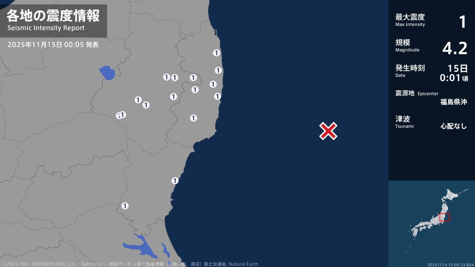 福島県、茨城県で最大震度1の地震　福島県・白河市、田村市、鏡石町、玉川村、小野町、いわき市、南相馬市（TBS NEWS DIG Powered by JNN）