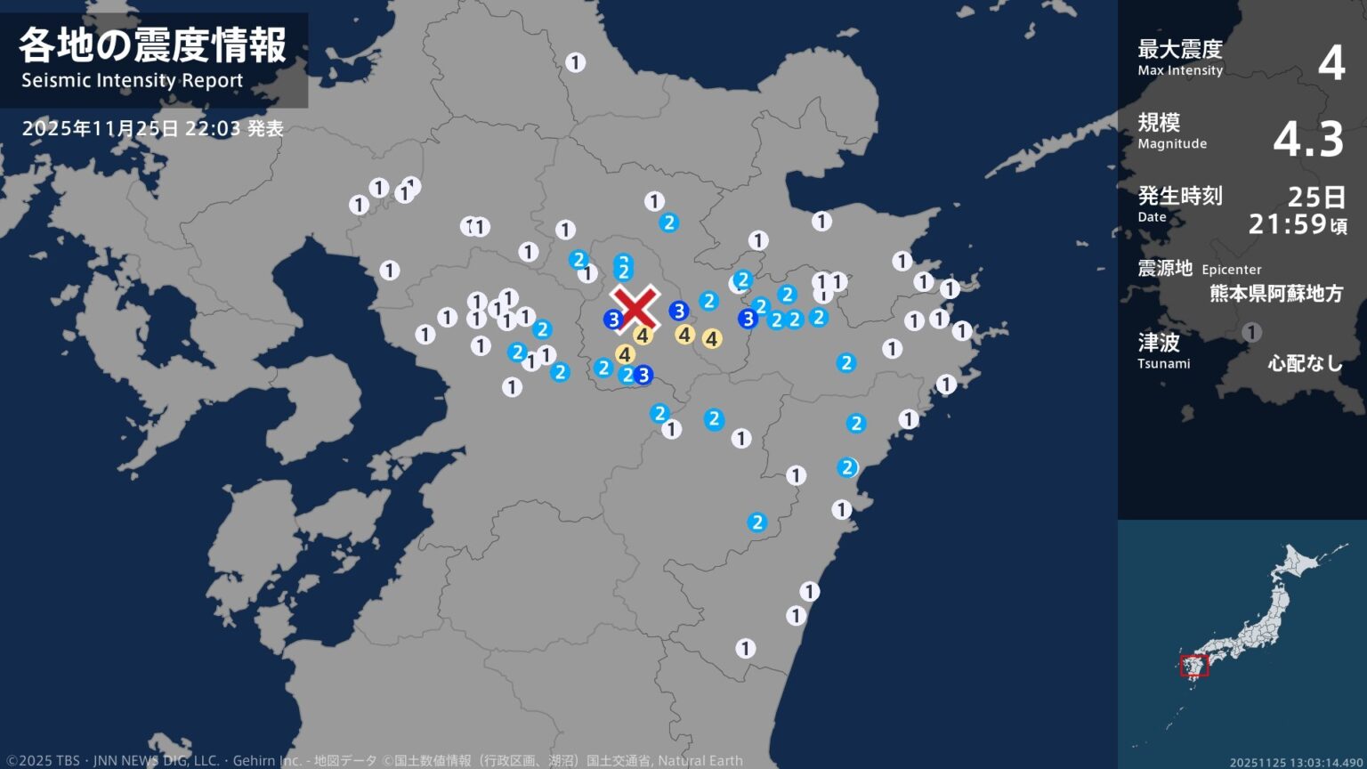 熊本県、大分県で最大震度4のやや強い地震 熊本県・阿蘇市、南阿蘇村、大分県・竹田市(TBS NEWS DIG Powered by JNN) 熊本県、大分県で最大震度4のやや強い地震 熊本県・阿蘇市、南阿蘇村、大分県・竹田市(TBS NEWS DIG Powered by JNN)