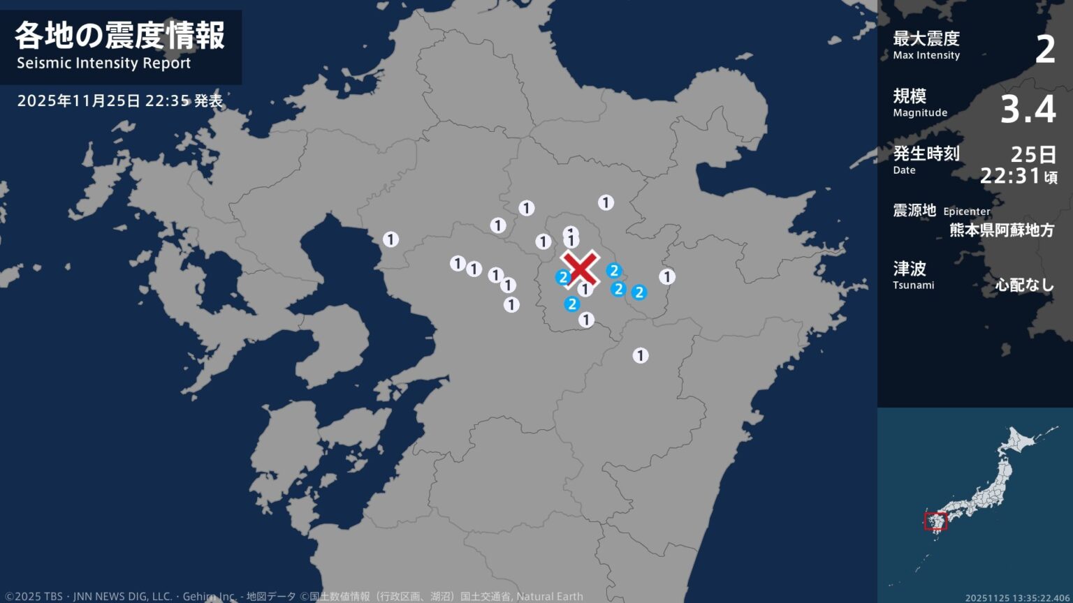 熊本県、大分県で最大震度2の地震　熊本県・阿蘇市、産山村、南阿蘇村、大分県・竹田市（TBS NEWS DIG Powered by JNN）