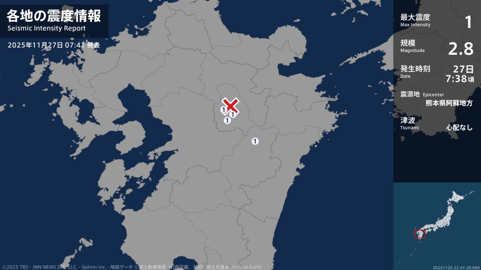 熊本県、宮崎県で最大震度1の地震　熊本県・阿蘇市、南阿蘇村、宮崎県・高千穂町（TBS NEWS DIG Powered by JNN）
