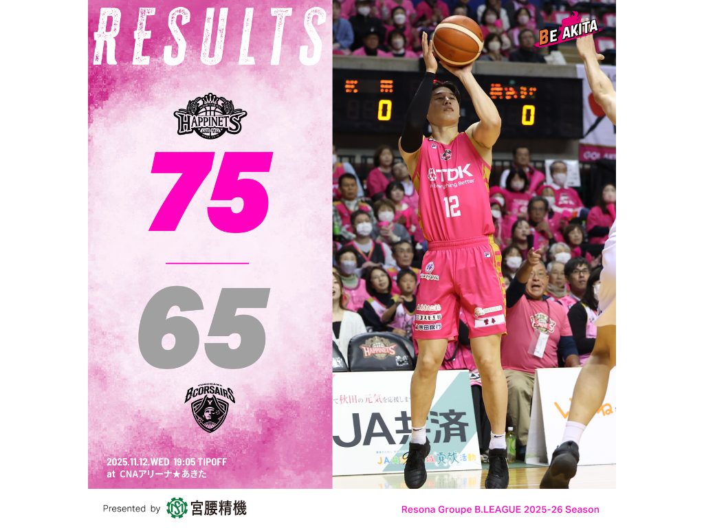 【試合結果】11/12（水）第10節 VS 横浜ビー・コルセアーズ@CNAアリーナ☆あきた | 秋田ノーザンハピネッツ