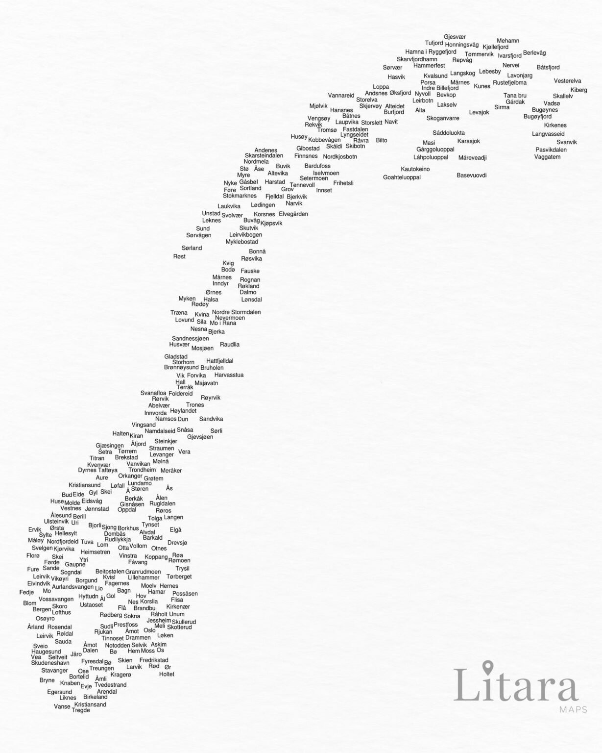 [OC] 町や地域の名前を使ってノルウェーの活版印刷地図を作成しました