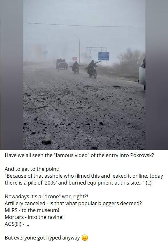 ロシアの宣伝活動家でZブロガーのアルチュノフ氏は、ポクロフスクに入るロシア軍の車列を映したウイルス動画に登場したロシア兵はすでに排除されたと述べた。同氏によると、このビデオがロシアの従軍記者らによってネット上に流出したことが原因で起こったという。
