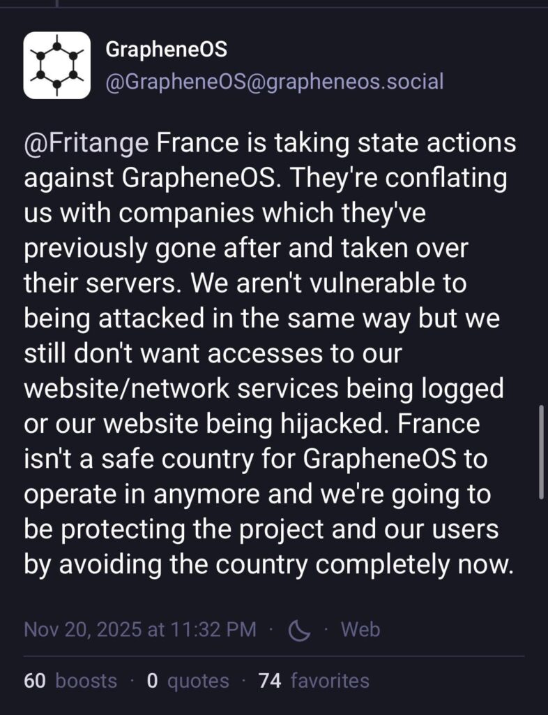 GrapheneOS、フランス政府の脅威によりフランスを離れ、サーバーを南米、インド、日本に移転