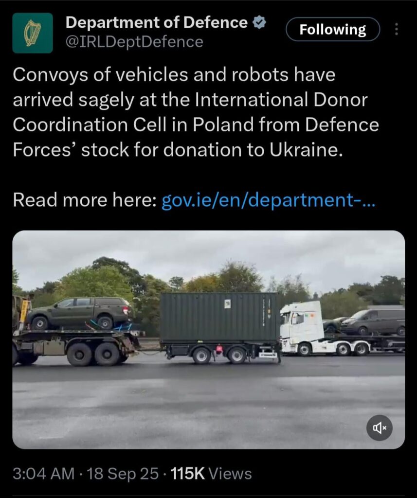 アイルランドはウクライナに配達したことを示す受領書を提出した。彼らは、5 つのレーダー防御システムと、さまざまな多用途車両および 3 つの爆弾処理ロボットを提供しました。