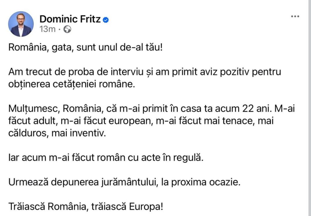 ドミニク・フリッツがルーマニア国籍を取得へ