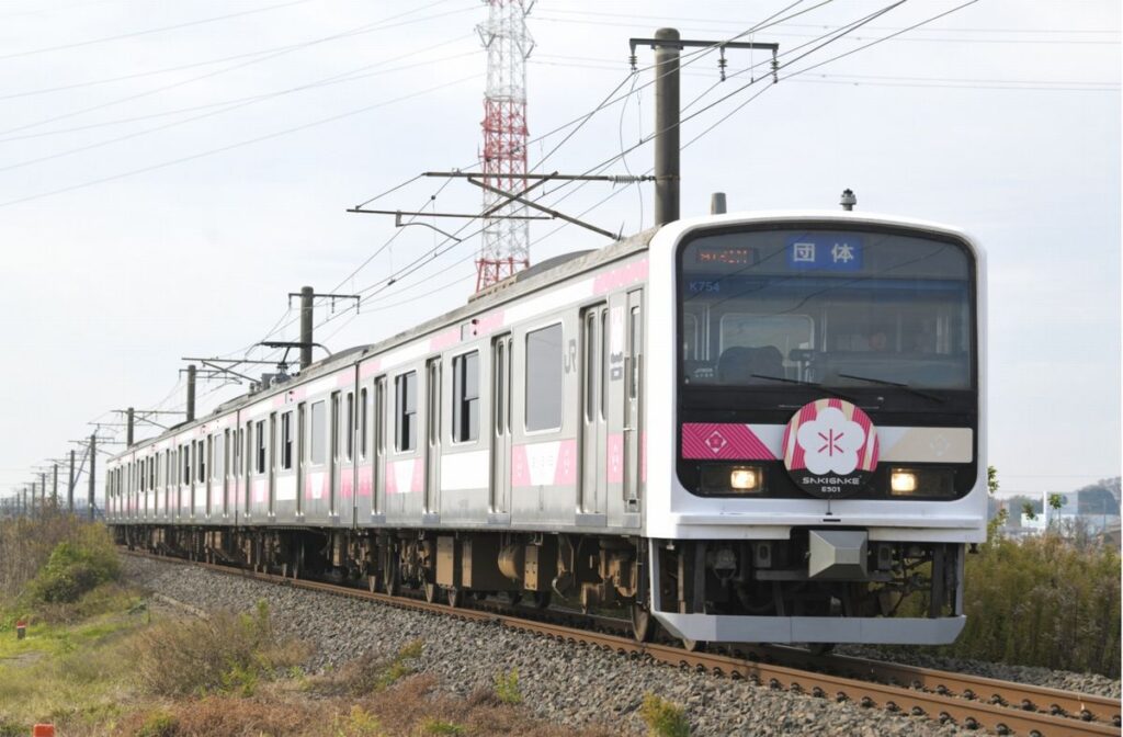 「茨城スイーツ列車SAKIGA CAKE（サキガケーキ）号」として運行されるE501（JR水戸支社提供）