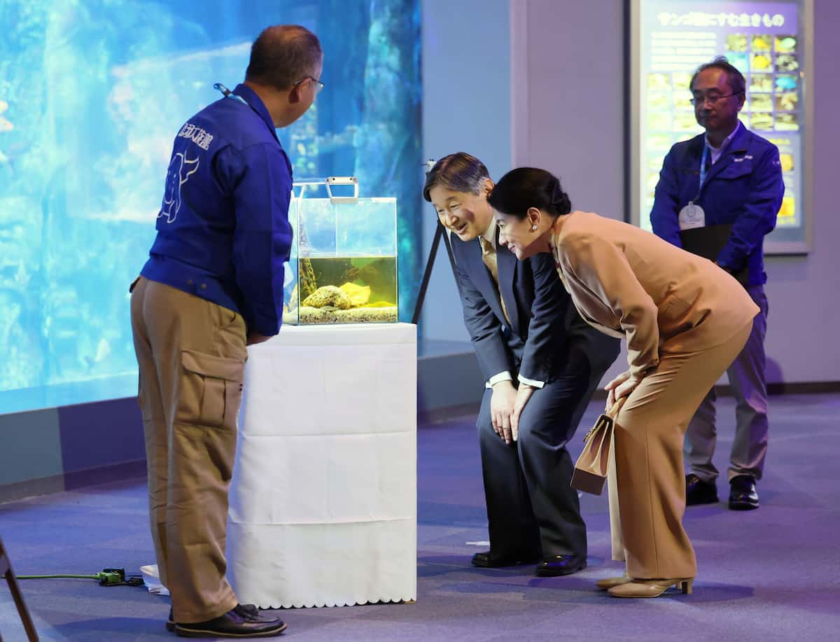 鳥羽水族館で生物多様性保全活動について担当者から説明を受けられる天皇、皇后両陛下＝8日、三重県鳥羽市