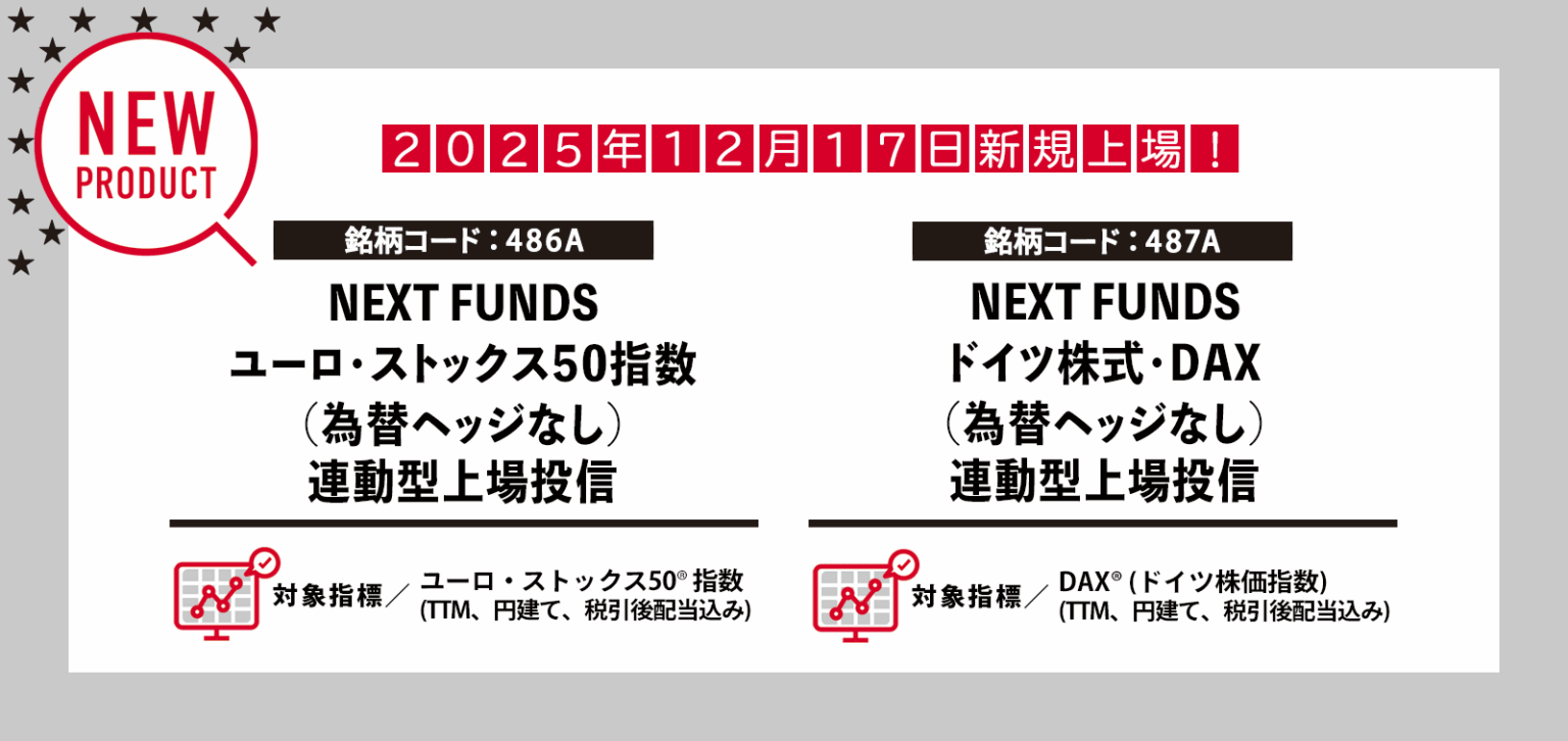 NF・欧州株ユーロ・ストックス50ヘッジ無ETF、NF・ドイツ株DAXヘッジ無ETF、上場 | NEXT FUNDS