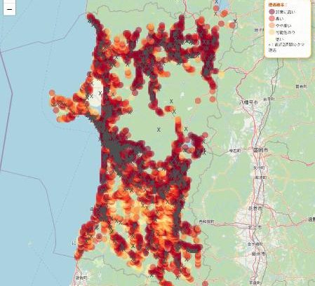 クマ遭遇確率ＡＩで予測、上智大　秋田県など１９地域の地図公開