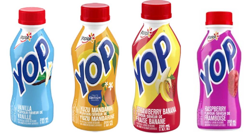 リコールされたYoplait Canada社の飲むヨーグルト「YOP Drinkable Yogurt」。Image from CFIA
