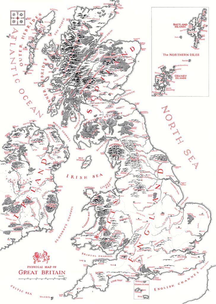 トールキンの折り込み地図のスタイルで、古いつけペンとインクを使用して私が手描きしたイギリスの地図。スコットランド、アイルランド、ウェールズはすでに描いていますが、イングランドにもっと焦点を当てたバージョンを作成するつもりなので、含めるべきランドマークがあれば提案してください。