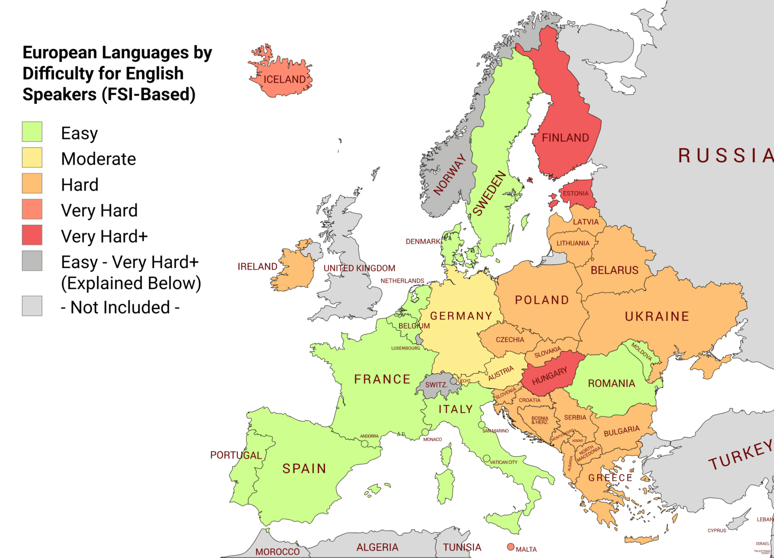 英語話者の難易度別のヨーロッパの言語。
