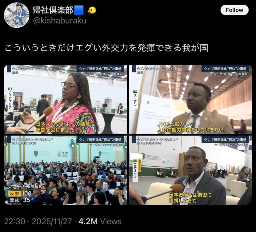 日本人「jicaはいらない。アフリカと交流するな」 アフリカ諸国「ウナギの規制に反対します」 日本人「日本の外交の勝利！」