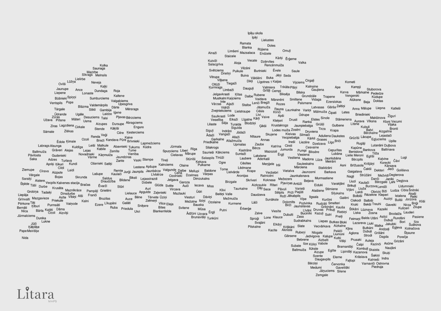 [OC] 町や集落の名前を使ってラトビアの活版印刷地図を作成しました