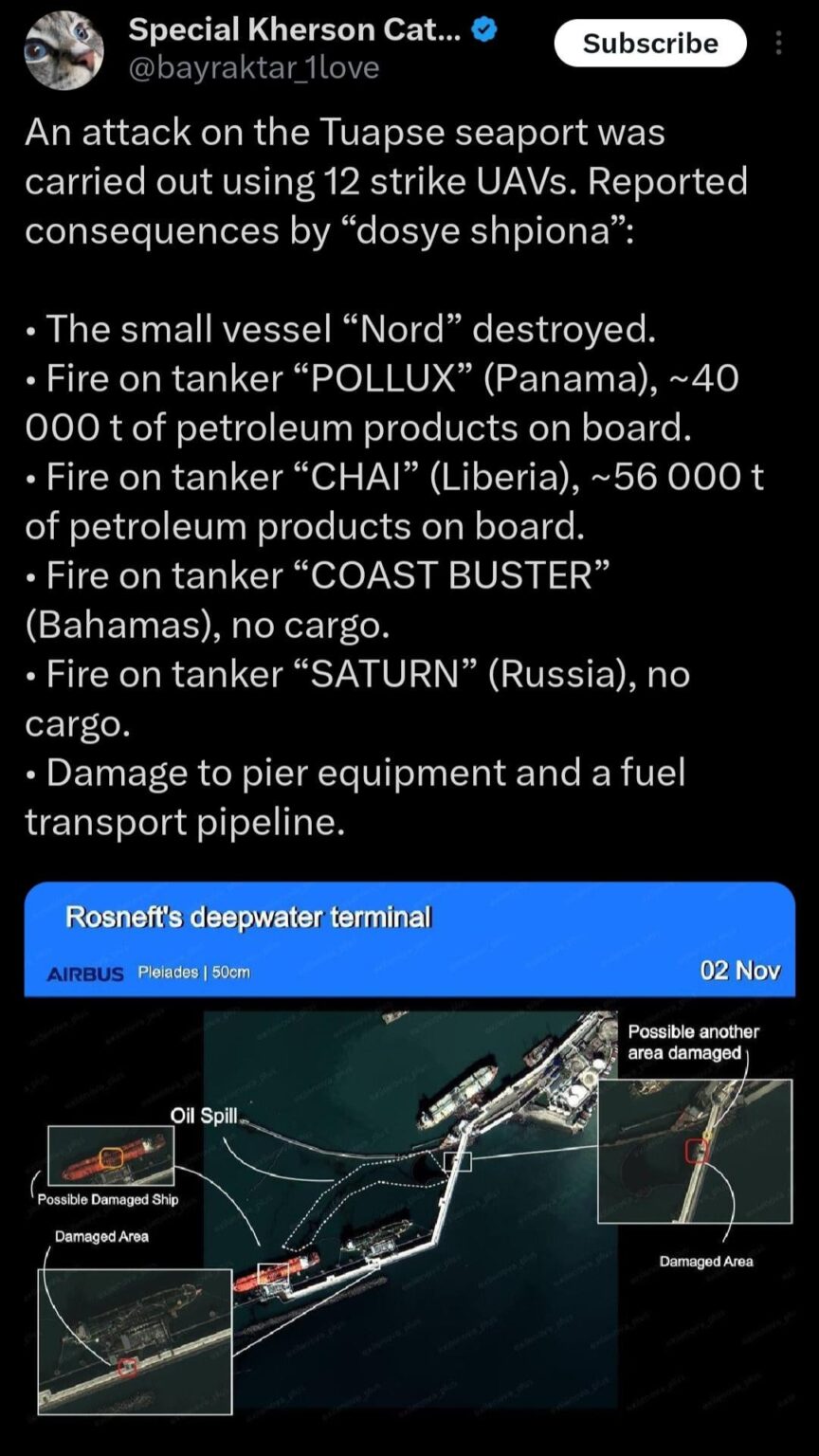 ウクライナは黒海でロシア人の主要な燃料供給と輸送路を攻撃した。トゥアプセ石油ターミナルは攻撃後、複数のタンカー船とともに火災に見舞われた。