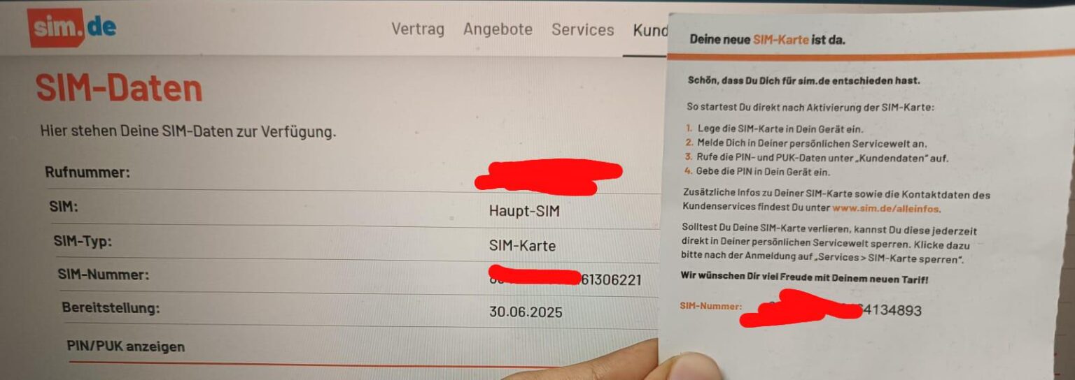 Sim.de は、PIN と PUK が異なる間違った SIM カードを提供しました