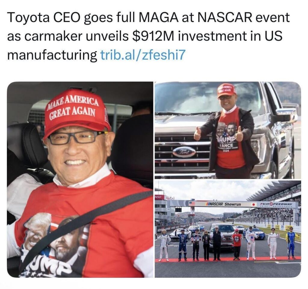 そろそろトヨタを売る時かな。「トヨタ会長がNASCARイベントで完全なMAGAグッズを身に着け、米国製造業への9億1200万ドルの投資を発表した」