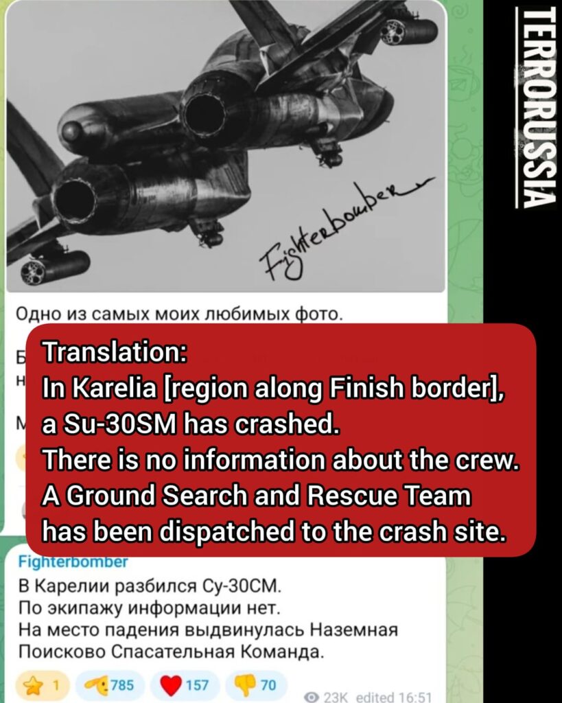 ロシアで最も影響力のあるZミルブロガーの一人「戦闘爆撃機」は、Su-30SM戦闘機が [worth 20-35 million $] ロシアのカレリアで墜落した [north of St. Petersburg]。パイロットも死亡したとされる。なぜクラッシュしたのかはまだ明らかではありません。