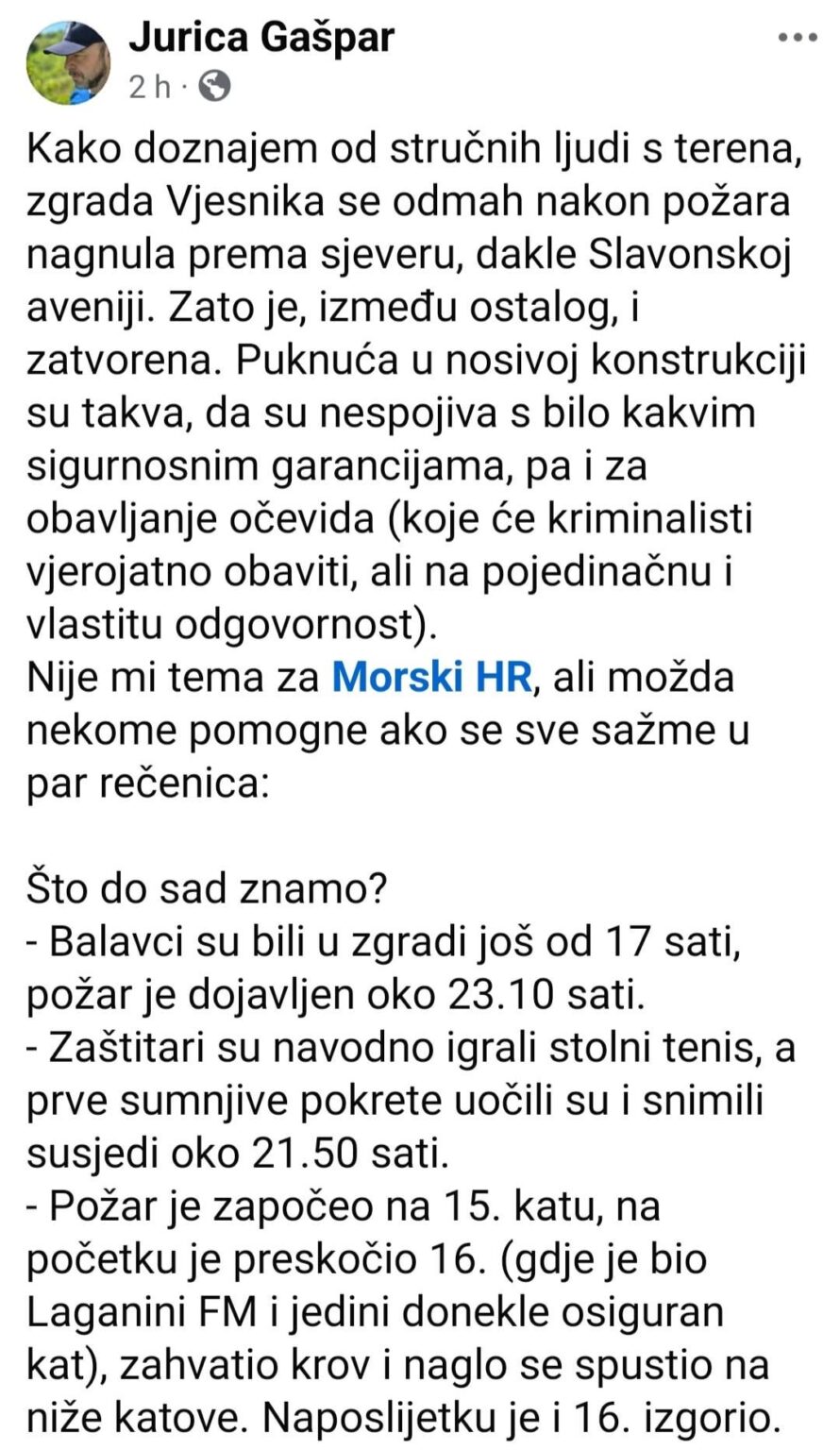 Morski hr の Jurica Gašpar が、Vjesnik 火災に関する調査結果を要約しています