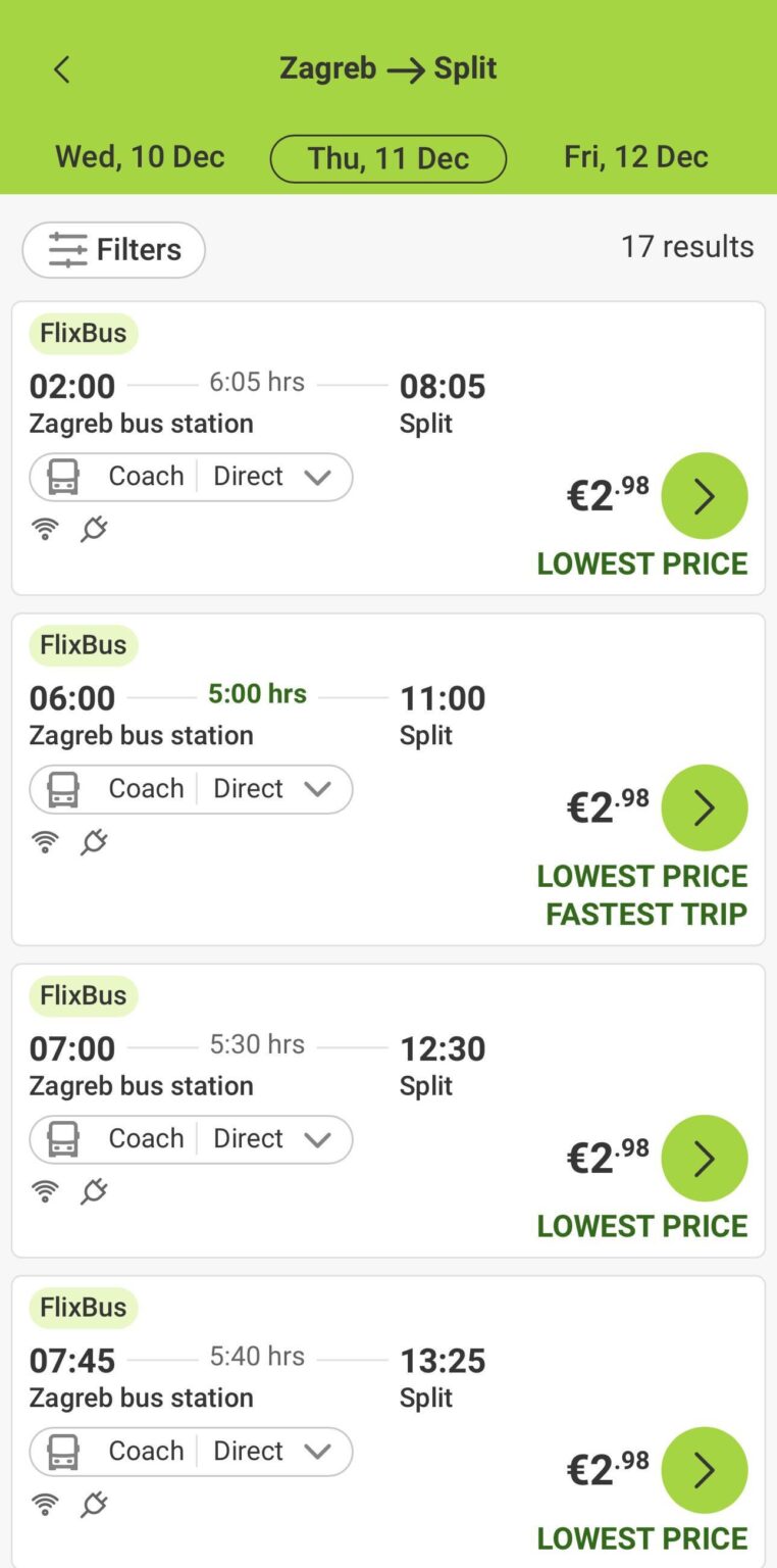 さあ、FlixBus は 12 月 16 日まで、クロアチア国内どこでも 2 ～ 3 ユーロでご利用いただけます!
