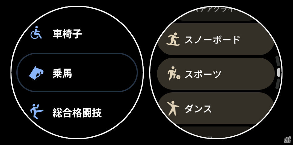 「Google Fit」（左）では「乗馬」という項目が設けられているのだが、「Fitbit」（右）にはそれが存在しない。スマートフォンのFitbitアプリには「乗馬全般」という項目があるのだが……