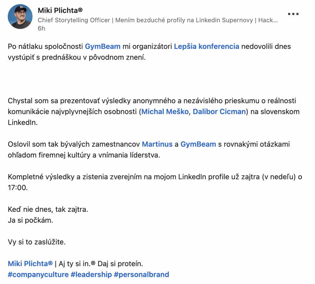 GymBeam からの圧力を受けて、カンファレンスでのプレゼンテーションはキャンセルされました