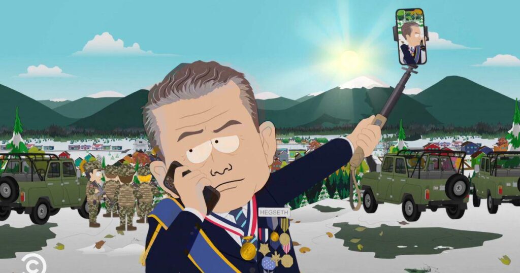 サウスパーク、陸軍省の広告をピート・ヘグセスが「コンテンツ」に夢中だと嘲笑