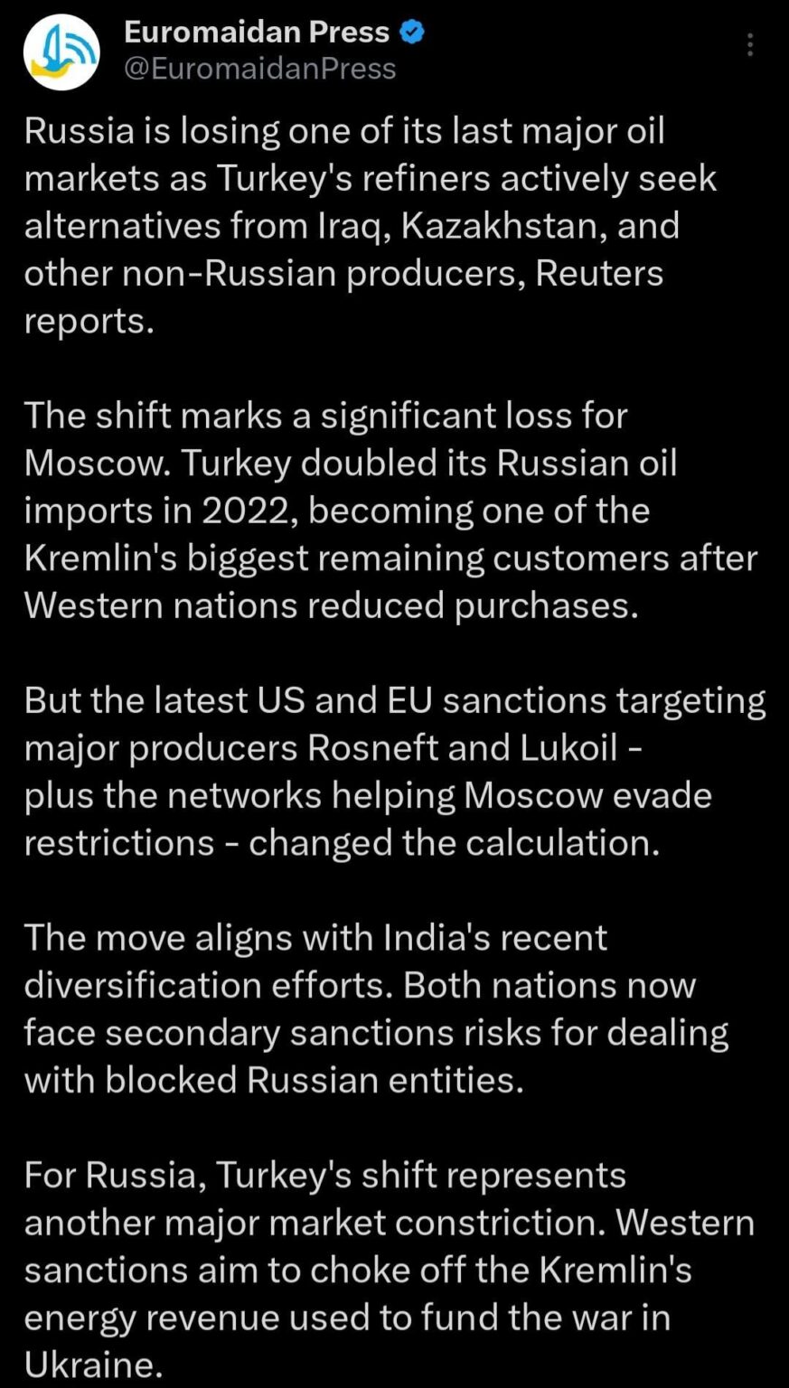 トルコが他国への供給に向けた石油貿易を停止しているため、ロシアは再び大きな経済的打撃を受ける。米国の制裁強化でトルコはロシアから石油を受け入れないだろう。